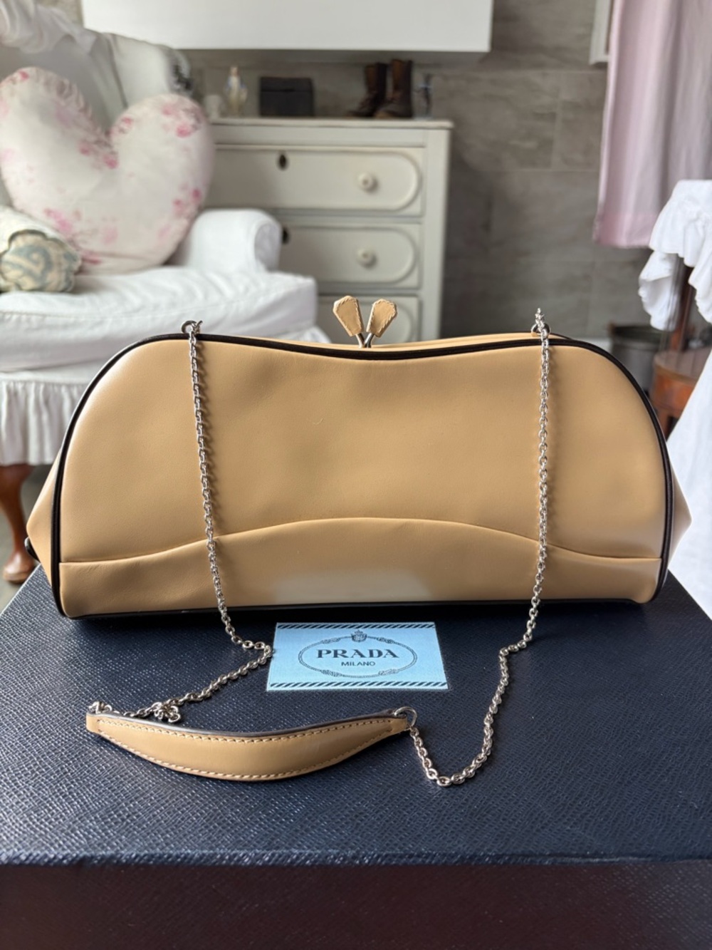 Prada Vitello Camel & Brown Leather Chain-Handle Clutch
